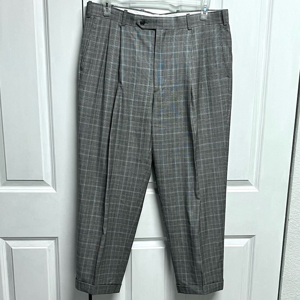T Harris London Gray Blue Plaid Dress Trousers Size 36 X 28